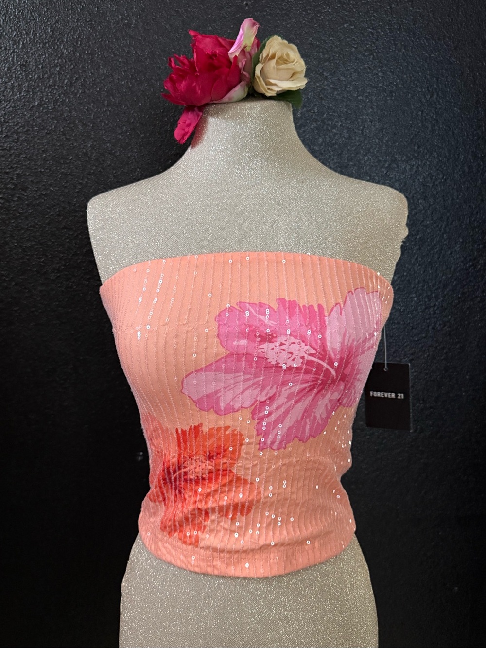 Forever 21 Peach Floral Sequin Strapless Tube Top